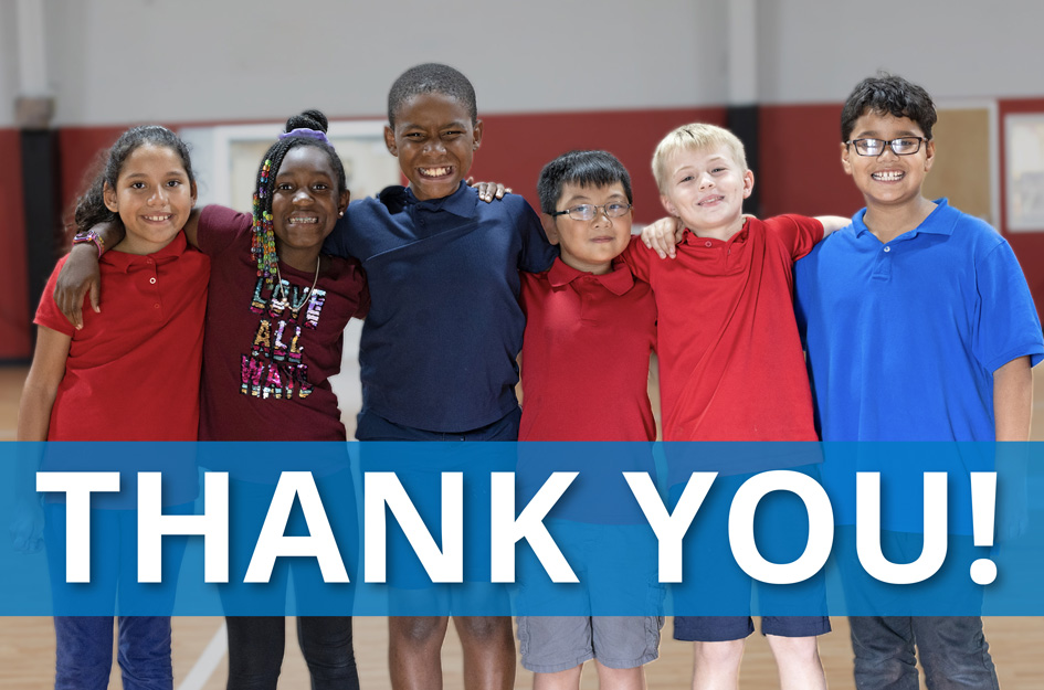 Six elementary school-aged children who attend Boys &amp; Girls Clubs of the Suncoast, including two girls and three boys, stand with their arms around each other in blue and red shirts, looking at the camera, smiling