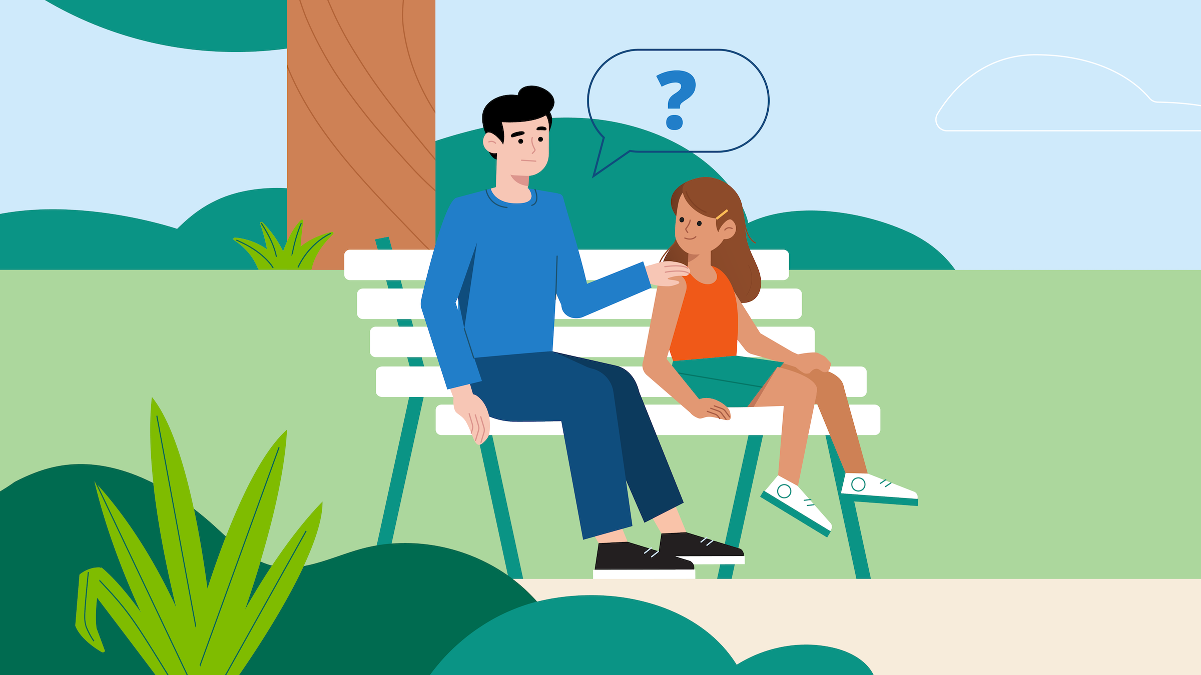 Illustration of parent and child sitting on a park bench, parent showing concern