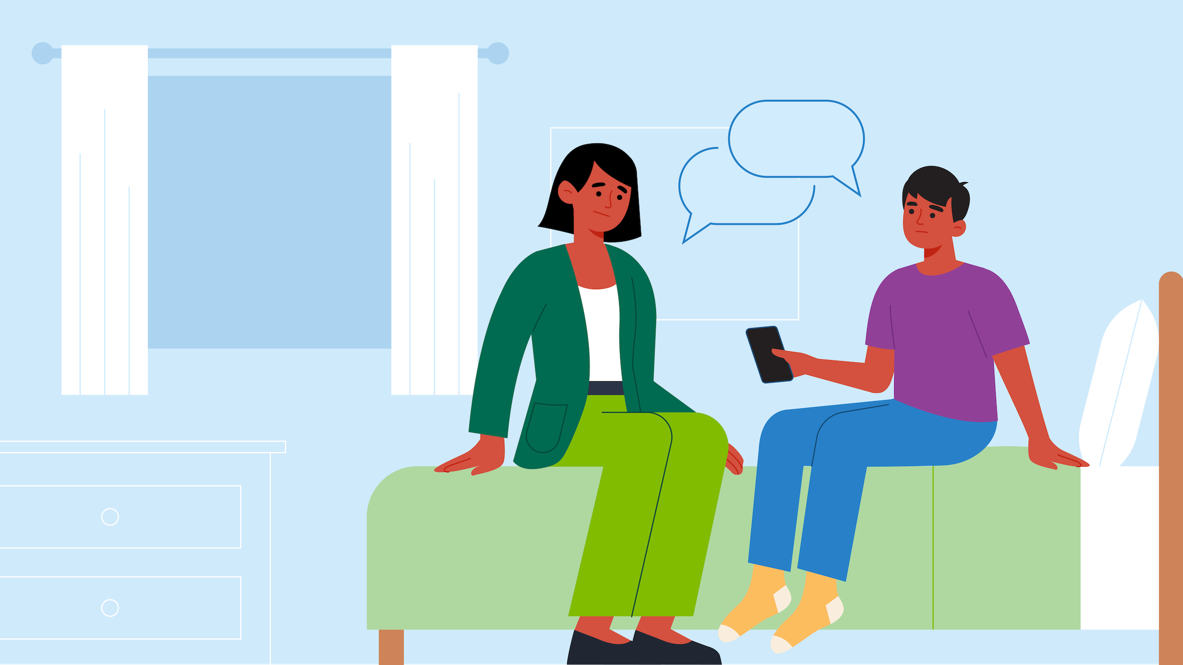 Illustrated scene of a parent and child talking