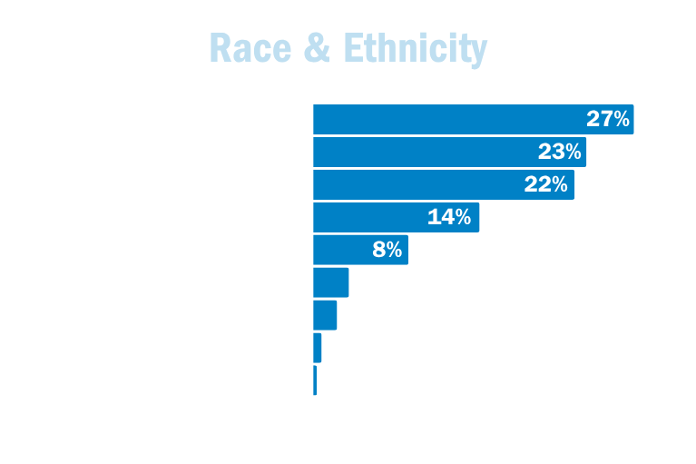 Race • Black/African American: 27% • White: 23% • Hispanic/Latino: 22% • Multiracial: 14% • Other: 8% • Asian: 3% • American Indian/Alaskan Native: 2% • Middle Eastern or North African: 1% • Native Hawaiian or Pacific Islander: